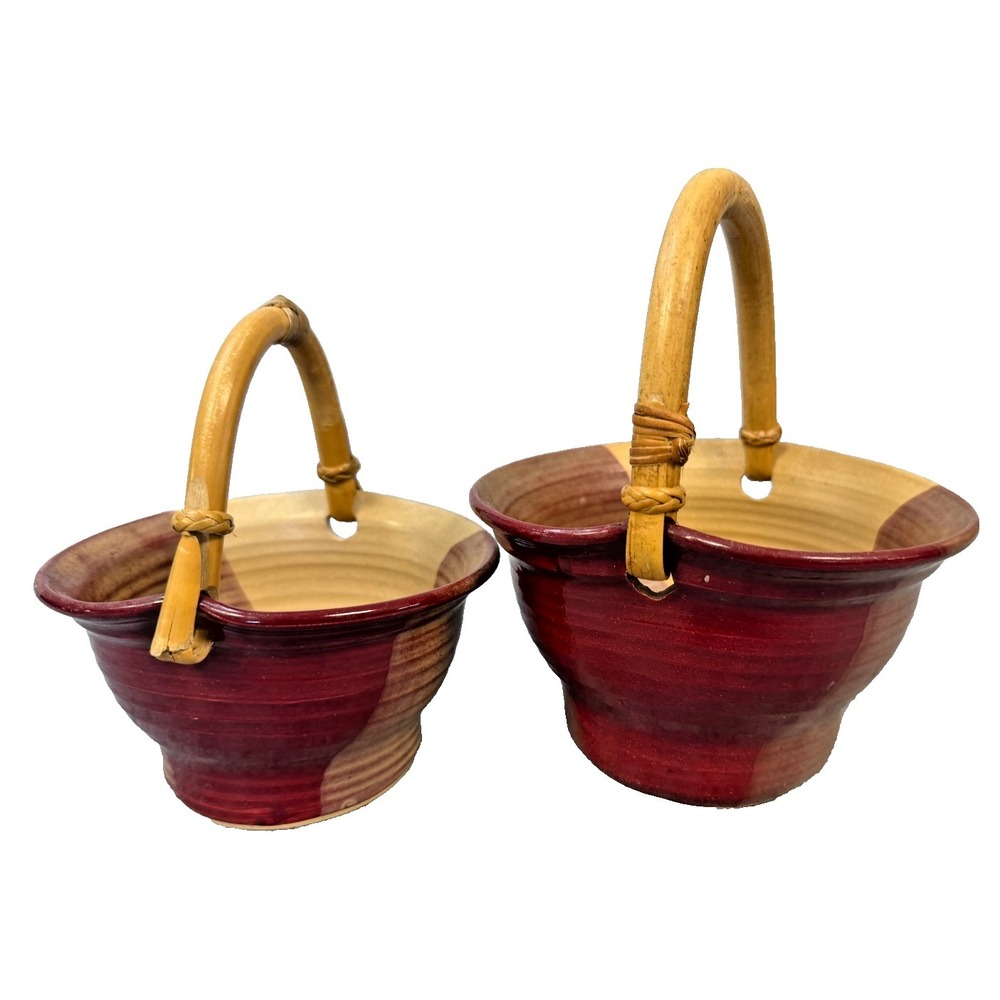 Vintage Studio Pottery Ceramic Basket Set Burgundy Tan Stoneware Bamboo Handle‎